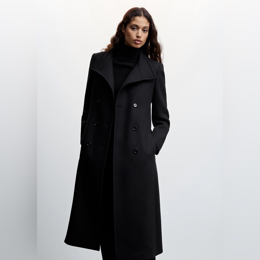 Mango size Medium Woolen Italian Wool Double-Breasted Belted Trench Coat Black